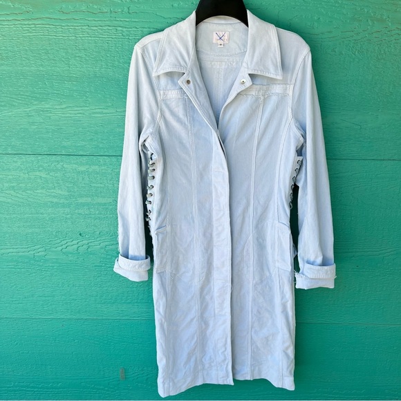 VINTAGE ILLIA BLUE CORDUROY LACE UP SNAP FRONT FRAYED LONG MIDI JACKET SZ SMALL - Picture 8 of 8